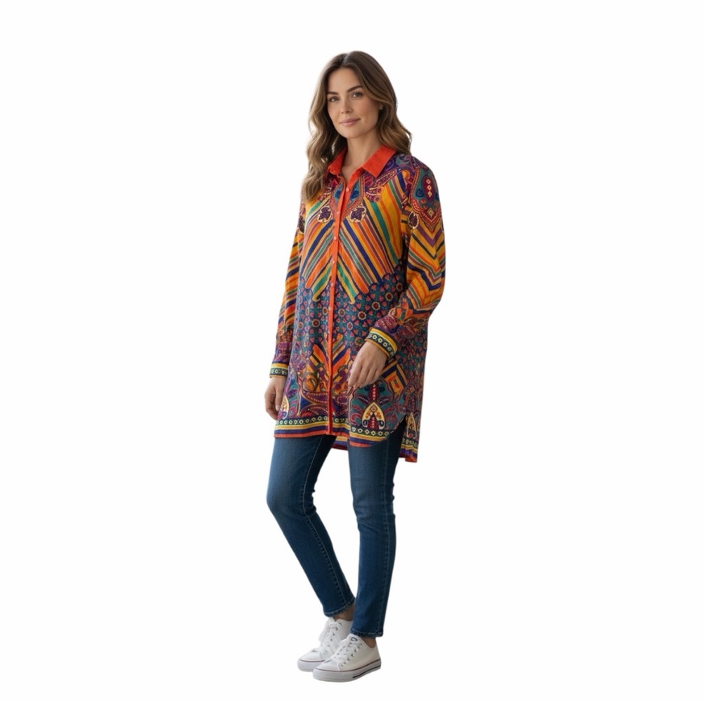 Flying Tomato Red-Collar Multicolored Paisley Button-Up
